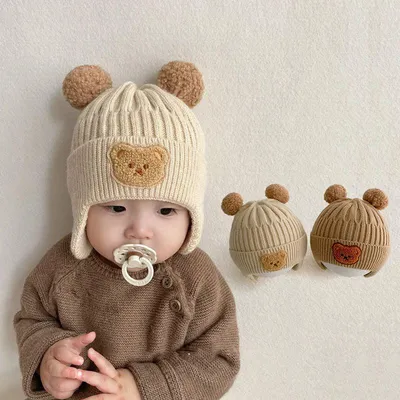 Новая детская шапка с милым медведем, зима-осень, теплые вязаные шапочки,  шапки для маленьких мальчиков и девочек, шапки с защитой ушей, шапки –  лучшие товары в онлайн-магазине Джум Гик
