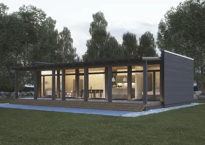 Проект одноэтажного финского дома с двухскатной крышей «Олешно»