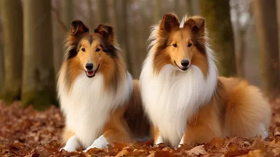 две белые и коричневые собаки колли сидят в лесистой местности, колли фото  собаки фон картинки и Фото для бесплатной загрузки