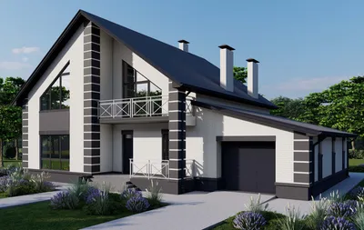 Проект красивого дома с мансардой №158 с гаражом, и с террасой -