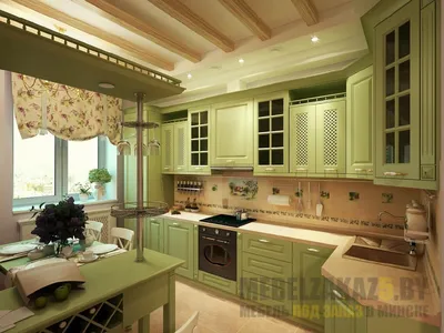 Кухня линейная со шкафчиками оливкового цвета
