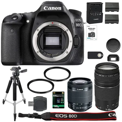 Amazon.com : Canon EOS 80D Digital SLR Camera + 18-55mm STM + Canon  75-300mm III Lens + SD Card Reader + 64gb SDXC + Remote + Spare Battery +  Accessory Bundle - International Version : Electronics