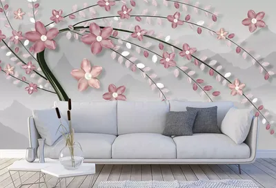 Фотообои 3d дерево с розовыми цветами на сером фоне артикул 3Dd-004 купить  в Оренбург|;|9 | интернет-магазин ArtFresco