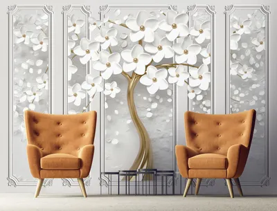 ᐉ Фотообои 3D флизелиновые Дерево с белыми цветами и колоннами и клеем  368х254 см (13933V8)