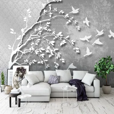 Флизелиновые фото обои 3Д 416x254 см Белое дерево и птицы на сером фоне  (10231VEXXXL)+клей по цене 2000,00 грн