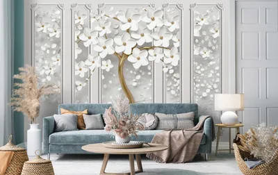 ᐉ Фотообои 3D флизелиновые Дерево с белыми цветами и колоннами и клеем  368х254 см (13933V8)