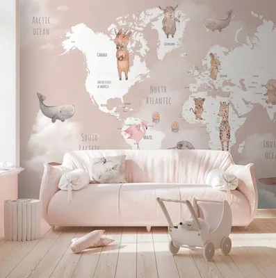 Фотообои Детская карта мира розового Nru74511 купить на заказ в  интернет-магазине