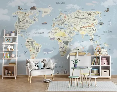 Детская комната • Карта мира на стене в детской • Фотообои FUNNY TOUR • Обои  • Фреска • Дизайн | Детские обои, Обои для детской комнаты, Детская