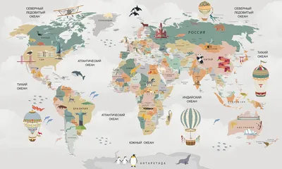 Фотообои Детская карта мира с животными и достопримечательностями Nru96587  купить на заказ в интернет-магазине