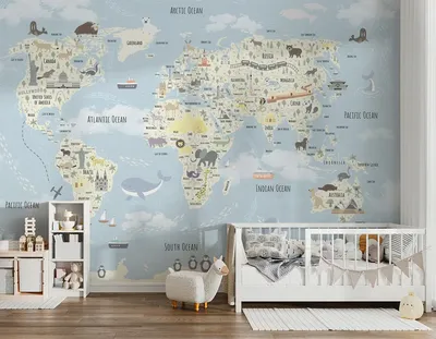 Карта мира с животными - обои для детской комнаты ArtWall
