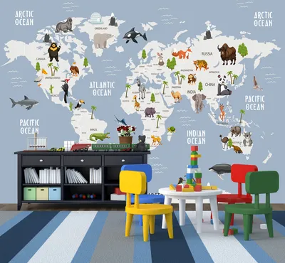 Фотообои Детская карта мира с животными и достопримечательностями Nru96587  купить на заказ в интернет-магазине