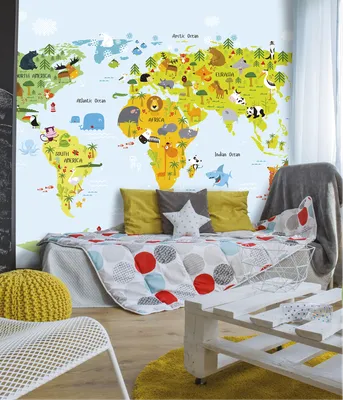 Фотообои с географической картой мира для детской комнаты.