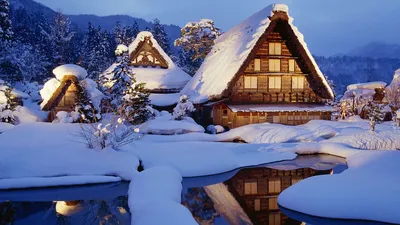 Обои зима, снег, домики, озеро, свет, отражение, япония картинки на рабочий  стол, фото скачать бесплатно