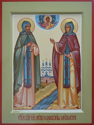 Рукописная икона Петра и Февронии держащих голубя