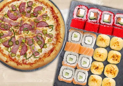 Tasty Pizza Salami Set Sushi Rolls Hands Take Food Dark Stock Photo by  ©Keola 177622780