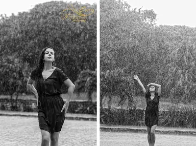 Фото под дождем в черно-белом стиле.