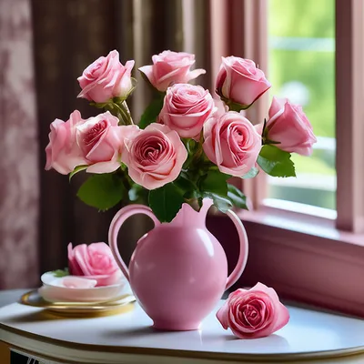 Картинка роза Цветы вазы Стол чашке Натюрморт