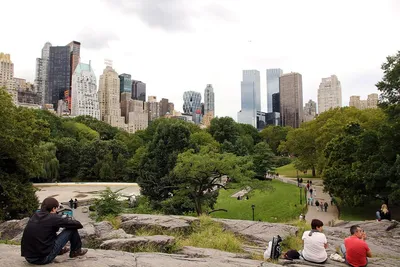 Центральный парк в нью-йорке с полями для гольфа и высокими небоскребами,  окружающими парк | Премиум Фото