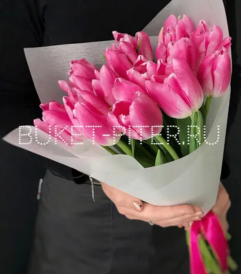 Купить Букет из 33 разноцветных тюльпанов в дизайнерской упаковке с  доставкой по Санкт-Петербургу. Цветы - Тюльпаны. Цена 5150.00 руб.