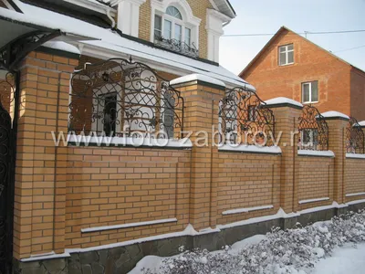 Кованый забор с кирпичными столбами в в Нижнем Новгороде