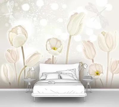 Фотообои на стену цветы ПЕРВОЕ АТЕЛЬЕ Белые тюльпаны со стрекозой,  моющиеся, флизелиновые Premium | AliExpress