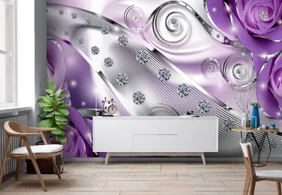 Фотообои / флизелиновые обои 3D розы и стразы в фиолетовом / флизелиновые  готовые на стену / на кухню, в прихожую, спальню, гостиную, зал / 3Д  расширяющие пространство 4 x 2,7 м -