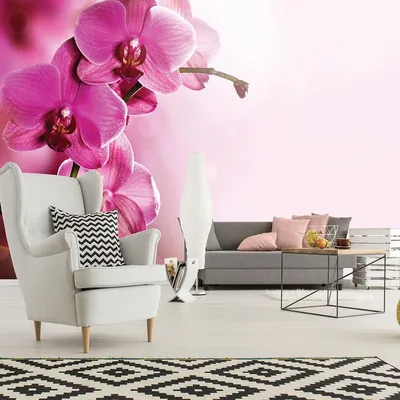 3д флизелиновые фотообои в интерьере гостиной цветы 312x219 см Орхидея на  розовом фоне (1033VEXXL)+клей купить по цене 1400,00 грн