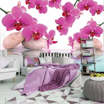Фотообои 3D с природой в интерьере цветы 254x184 см Розовые орхидеи и камни  на воде (151P4)+клей (ID#1217506280), цена: 850 ₴, купить на Prom.ua