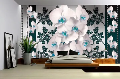 Флизелиновые 3д фотообои в интерьере гостиной цветы 312x219 см Бело-голубые  элегантные орхидеи 1288VEXXL+клей по цене 1400,00 грн