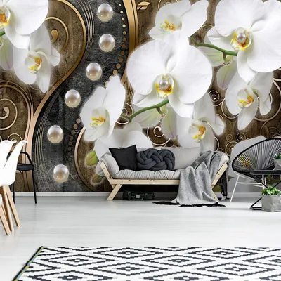 Флизелиновые фотообои в интерьере цветы 312x219 см 3Д Белые орхидеи и  жемчужины на коричневом фоне (2974VEXXL)+клей купить по цене 1400,00 грн
