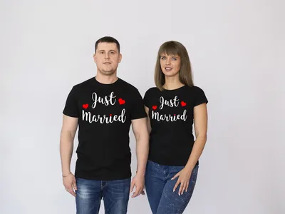 Парные футболки премиум Just Married - Заказать печать на Moyamajka