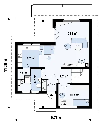 Одноэтажный дом Т-образной формы, пять комнат, с гаражом