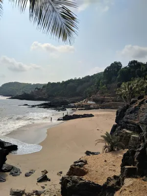 India, Karwa District, Gokarna. Om Beach, one of several beaches outside  the pilgrimage town of Gokarna. Gokarna is situated on the west coast on  India, south of Goa. Go karna literally means