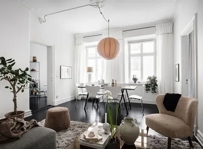 Стильная черно-белая гостиная и зелёная спальня: небольшая двушка в  Гётеборге (61 кв. м) 〛 ◾ Фото ◾ Идеи ◾ Дизайн