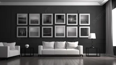 черно белая гостиная с фотографиями в рамках на стенах, 3d современный  интерьер гостиной с пустой картинкой, висящей на стене, Hd фотография фото  фон картинки и Фото для бесплатной загрузки