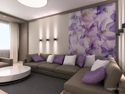 Гостиная с фиолетовым диваном - 73 фото