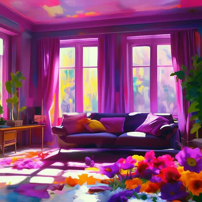 Гостиная комната с диваном у окна в фиолетовом цвете - обои для рабочего  стола, картинки, фото