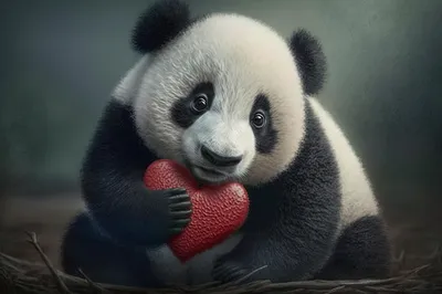 Грустная панда держит в лапах красное сердце, сгенерированное искусственным  интеллектом | Премиум Фото