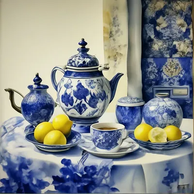 Тарелка столовая «Синие Розы» в золоте | Фарфор Гжель Люкс