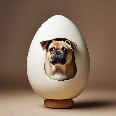 Собака сидит возле куриного яйца. …» — создано в Шедевруме