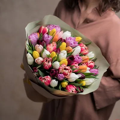 Яркие тюльпаны голландские в нежном оформлении (51 шт) №1565 купить в Пензе