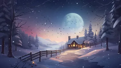 зимний пейзаж и дом ночью, картинка рождественская песня, рождество, песня  фон картинки и Фото для бесплатной загрузки