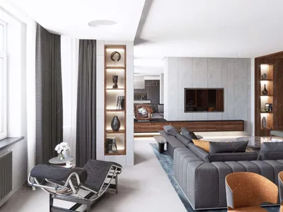 Дизайн гостиной в серых тонах от Mirt. Abitant Москва