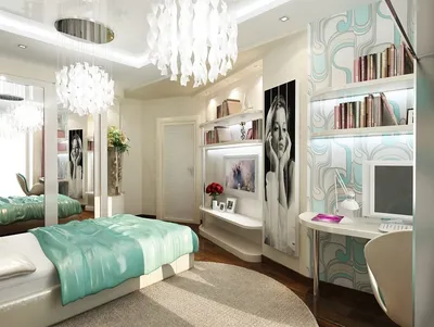 Спальня для девушки в современном стиле: фото интерьера маленькой комнаты с  белыми стенами и шторами