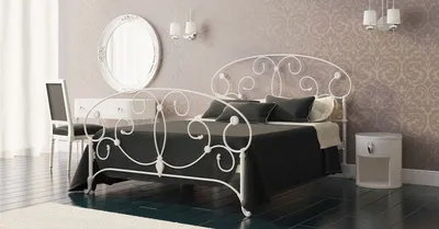Современный дизайн спальни с кованой кроватью