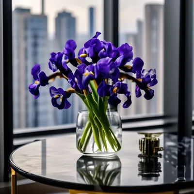Цветы ирисы в вазе из пурпурного …» — создано в Шедевруме