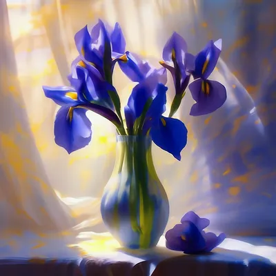 Цветы ирисы в вазе, чёткая …» — создано в Шедевруме