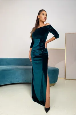 Вечернее платье в пол с разрезом, бархат - изумруд - 1413 - JK-Fashion