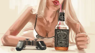 Обои на рабочий стол Девушка с джойстиком пьет через трубочку виски Jack  Daniels из бутылки, by Ehsan Taheri, обои для рабочего стола, скачать обои,  обои бесплатно