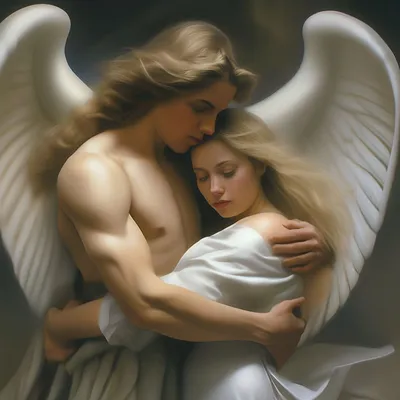 Ангел-мужчина обнимает человека-…» — создано в Шедевруме